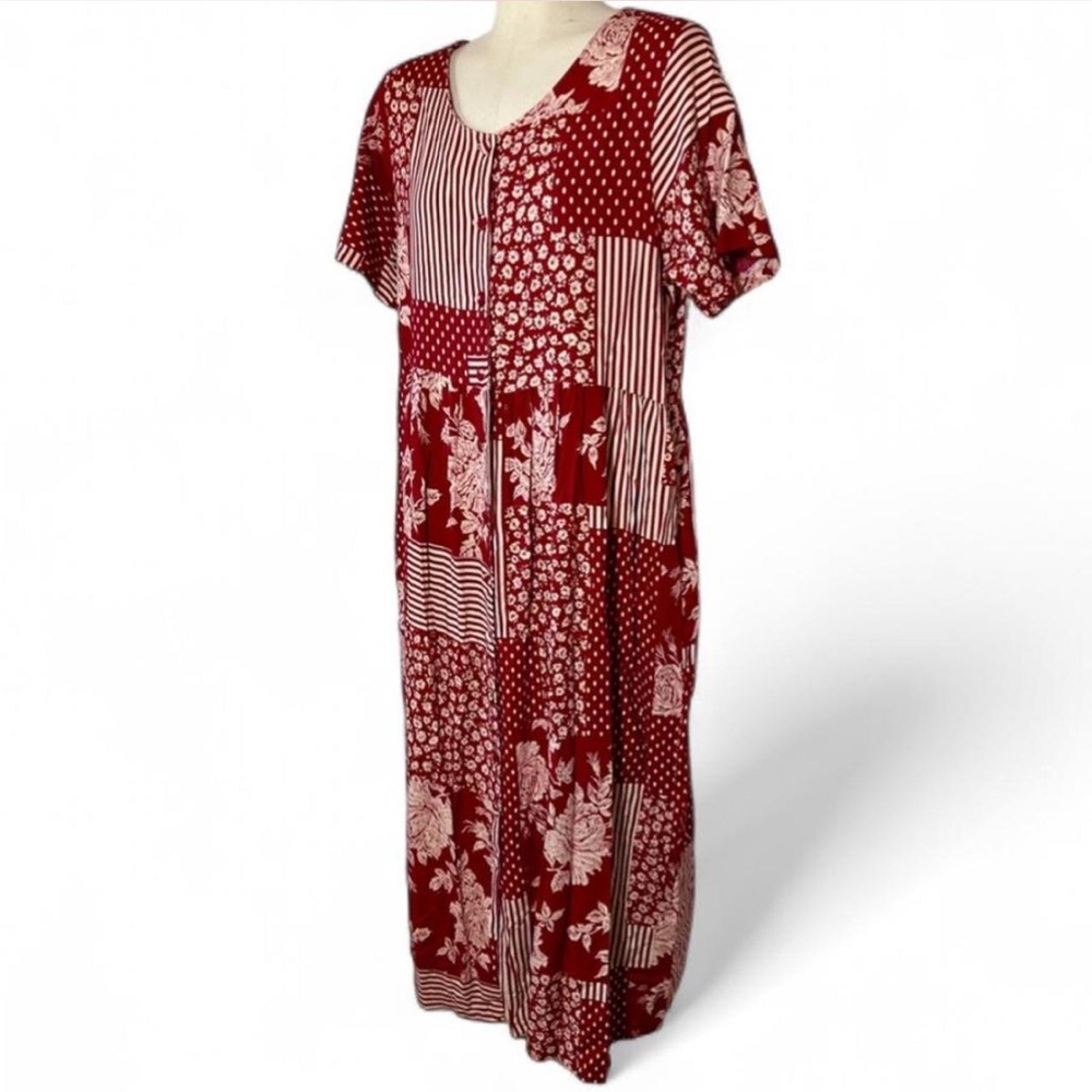 Vintage 90’s Rayon Patchwork Maxi Dress USA Pockets Cottagecore XL Bobbie McGee